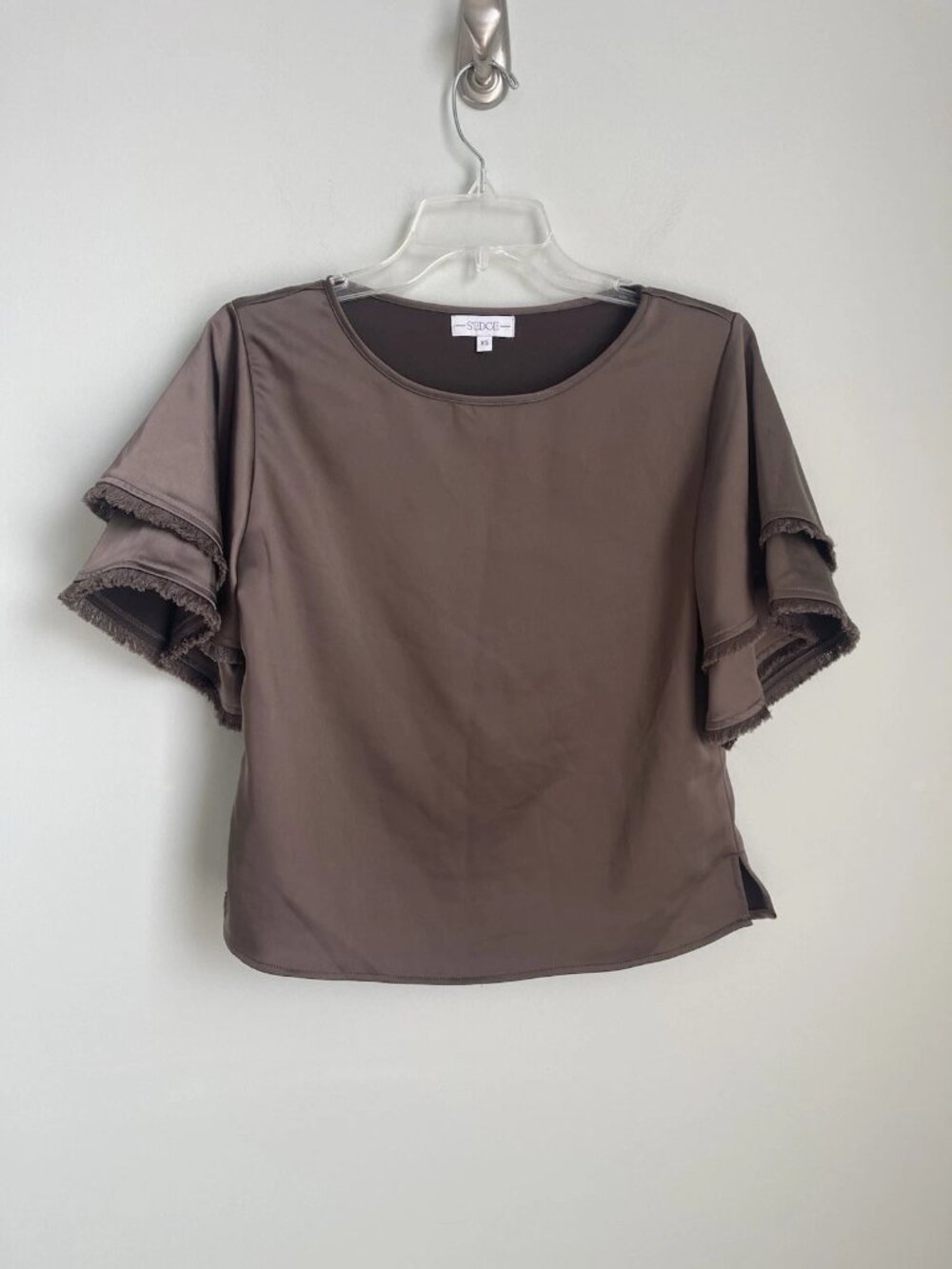 S'edge Taupe Satin Short Ruffle Sleeve Kelly Top Fringe Trim Blouse